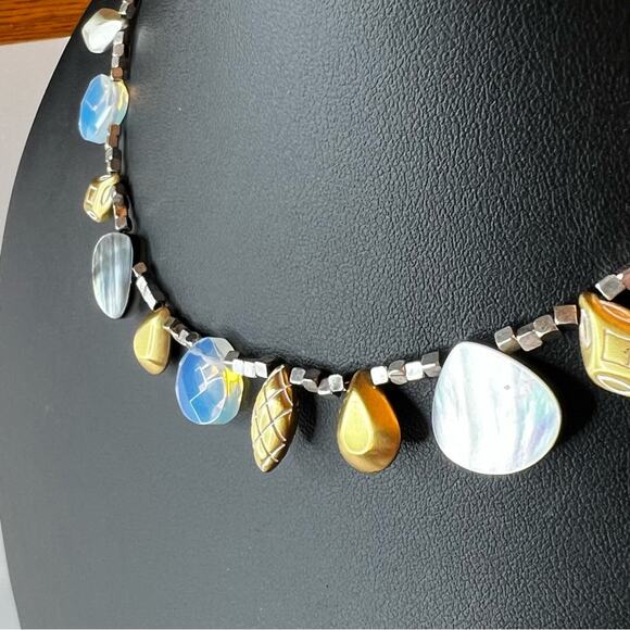 Brighton New Wave Blue Aqua Green Opalite Shell Retired Necklace 12" - 15" - Picture 2 of 4